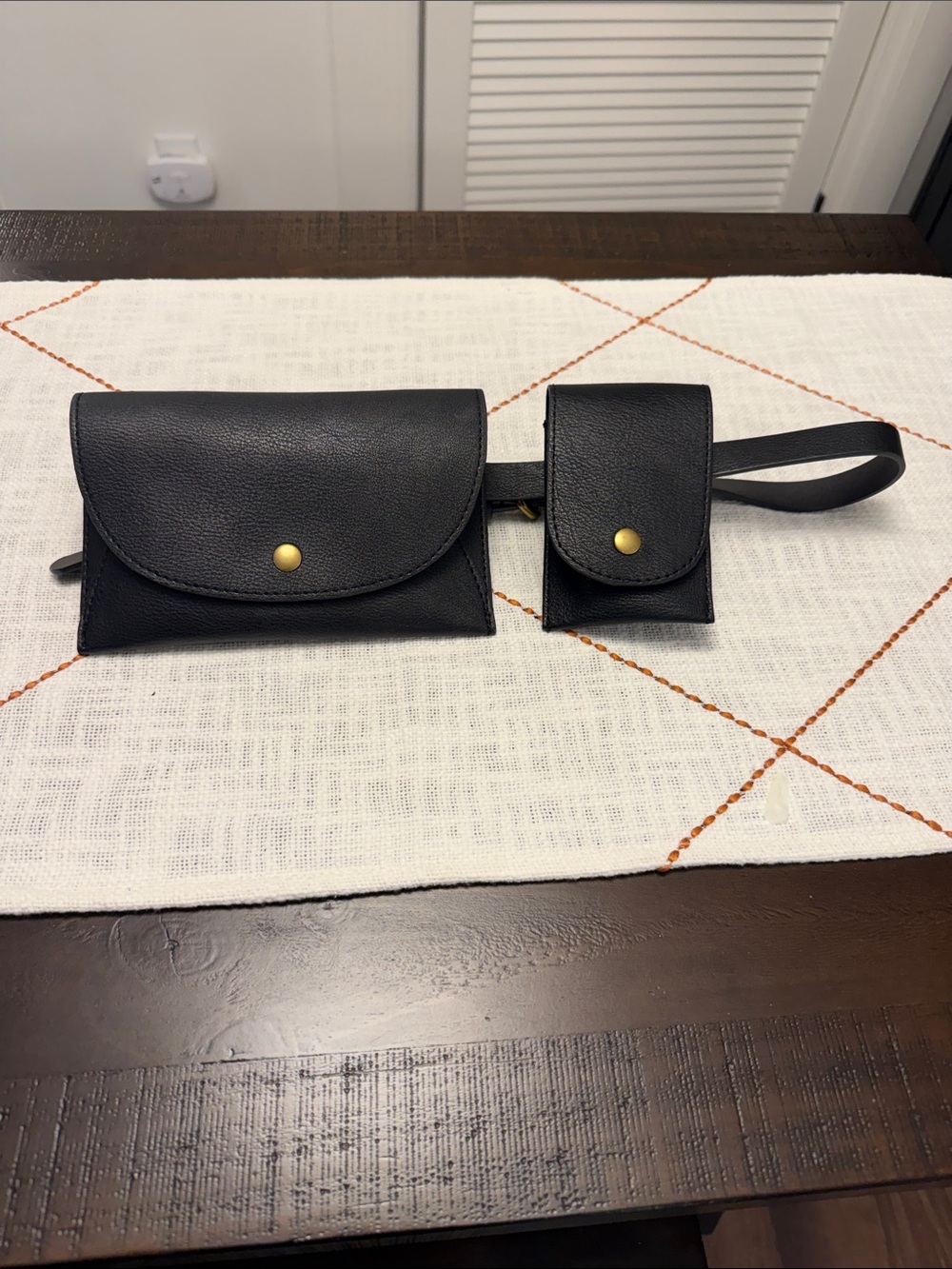 Anthropologie Black Leather Belt Bag and Mini Pouch with Gold Snap Closures